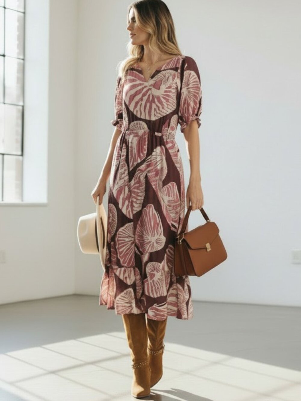 Umgee NWT Plum Botanical Floral Midi Dress Smocked Waist Boho Fall M